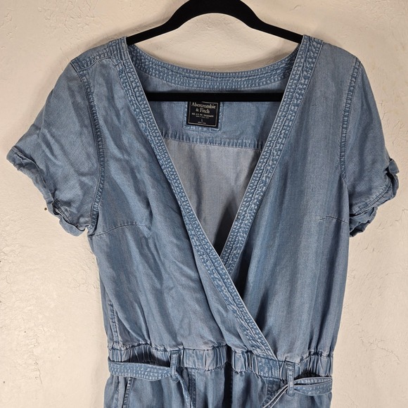 Abercrombie & Fitch Jumpsuit Chambray Belted Short Sleeve Blue Women's L Y2k 90s - Picture 3 of 11